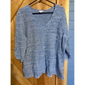 J Jill Blue White Marled Knit V Neck 3/4 Sleeve Pullover Sweater Top  L